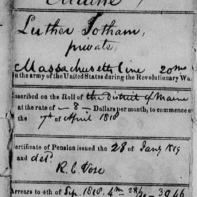 pension record filled out with Luther Jotham's name