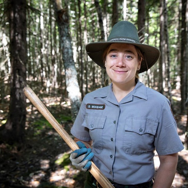 Dianna working in a wooded area