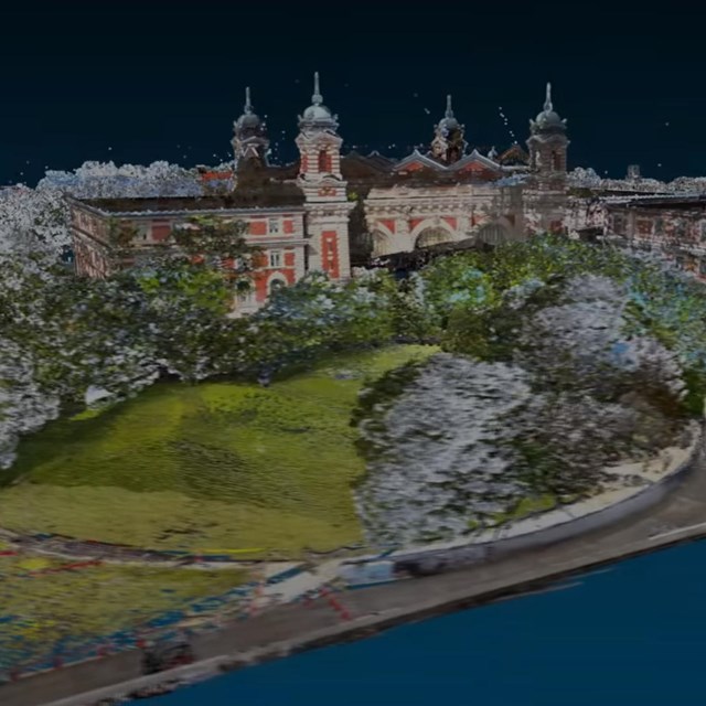 Rendering of laser scan of stone buildings and surrounding gardens on island