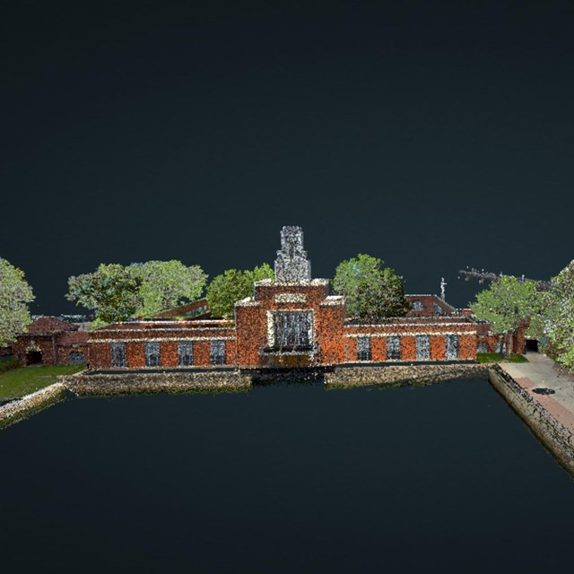 3D render of multi-story stone building with cupola flanked by trees