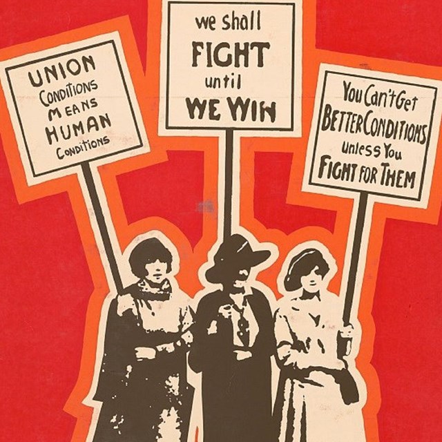 Poster of women protesting holding signs. 