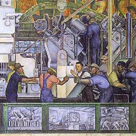 Colorful painting of workers. 