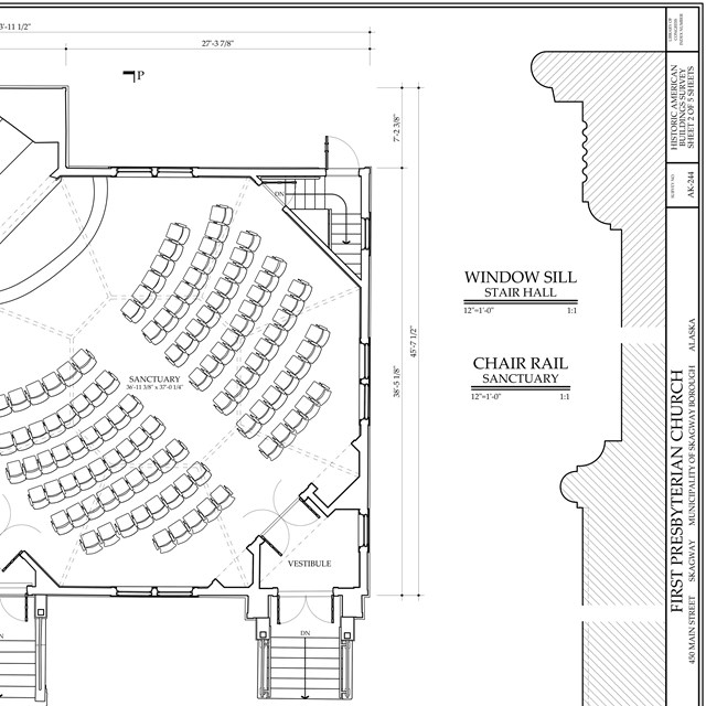 Measured drawing of floorplan of small church interior