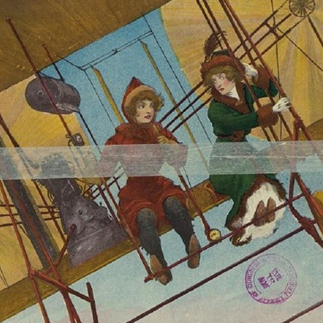 Cartoon of two women in an early airplane. 