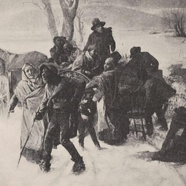 Women, men, and children fleeing bondage. 