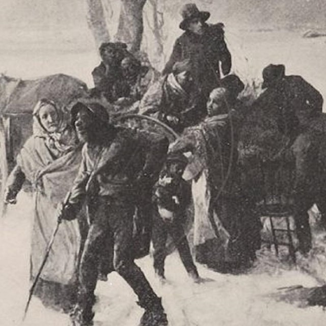 Women, men, and children fleeing bondage. 