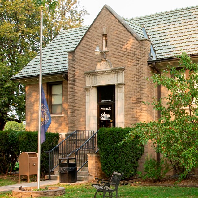 Oblique view of a two-story house on a sunny day