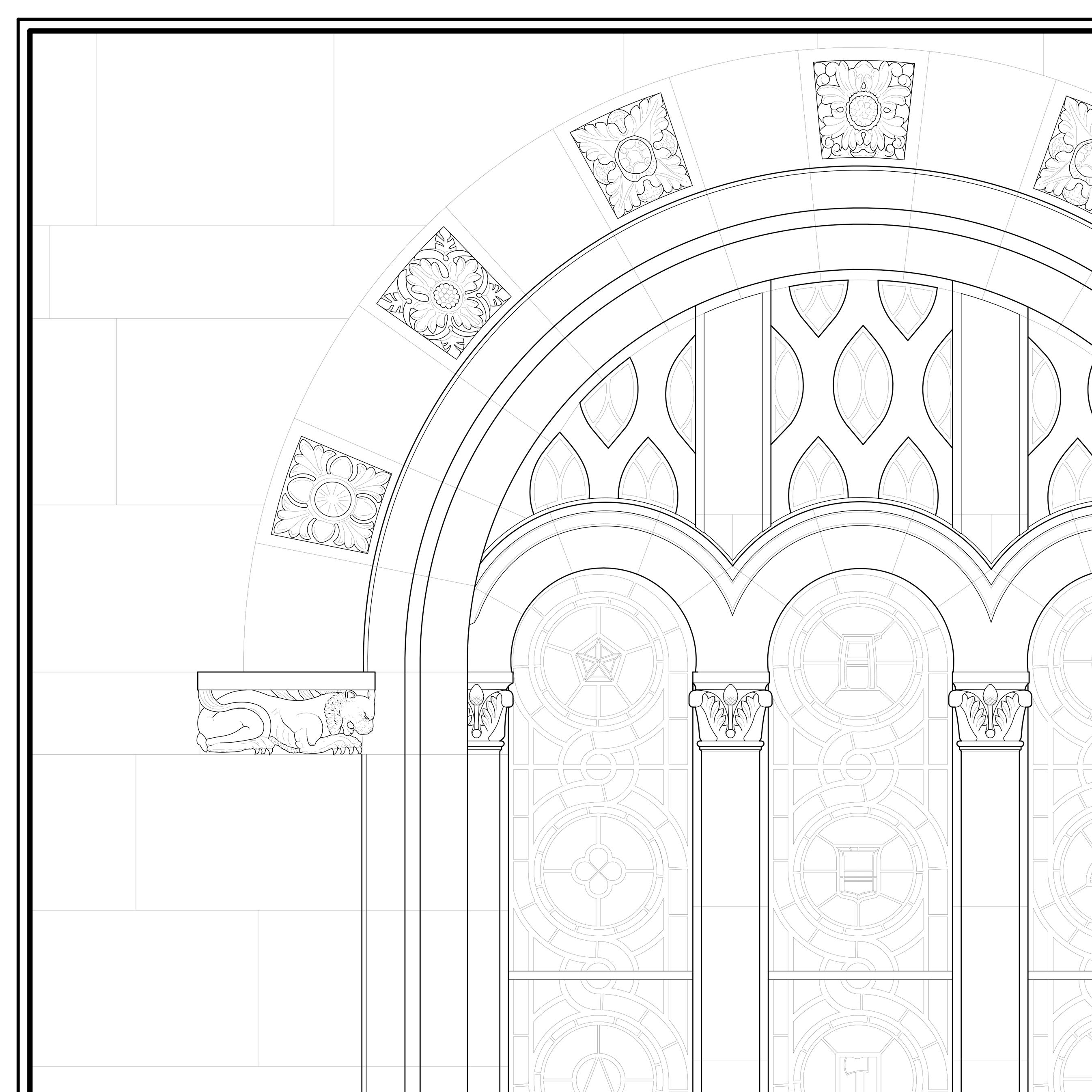 Measured drawing of arched stained-glass window