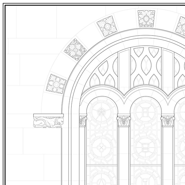 Measured drawing of arched stained-glass window
