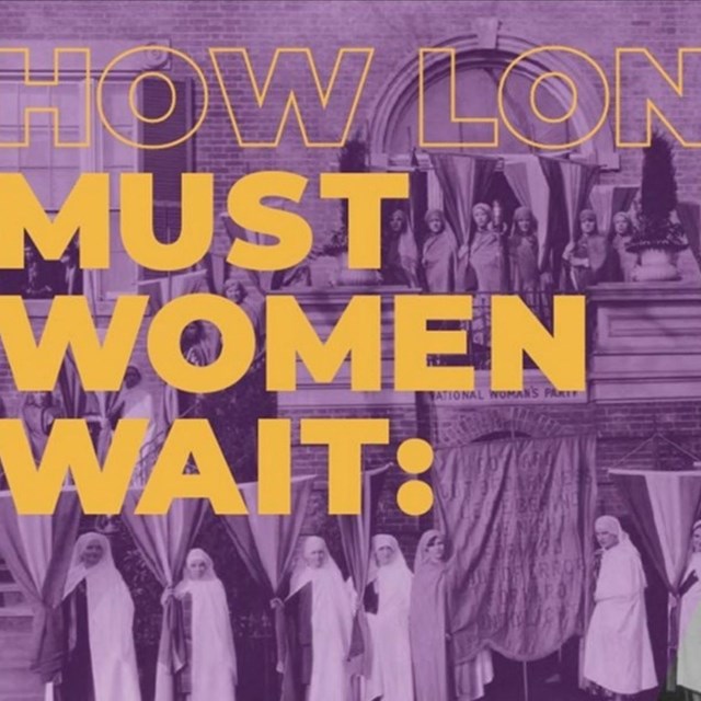 How Long Must Women Wait text over shaded image of suffragists