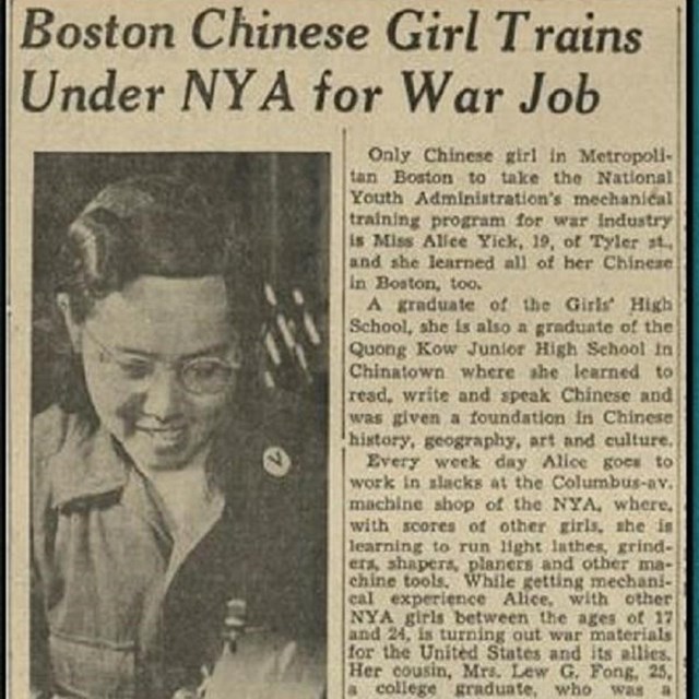 Newspaper clipping with photo of Asian American woman wearing glasses and smiling while looking down