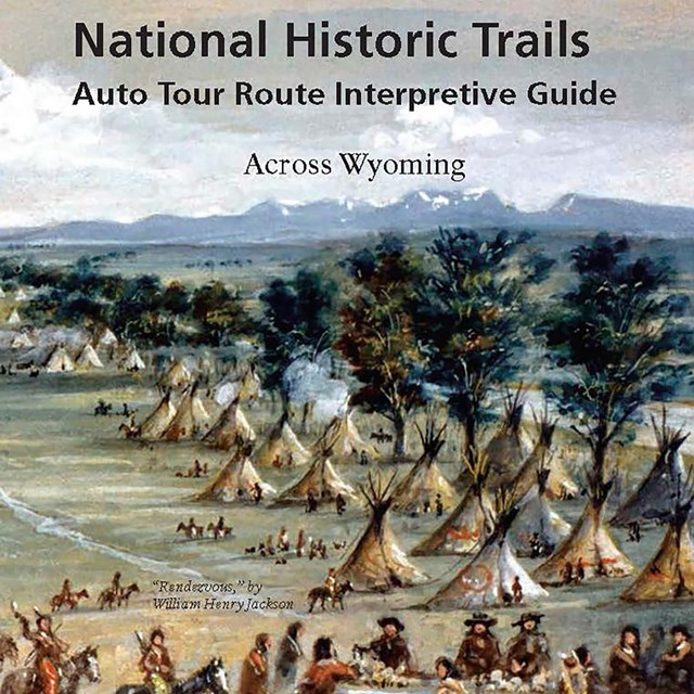 Illustration of a large camp with teepees on the cover an auto tour guide book.