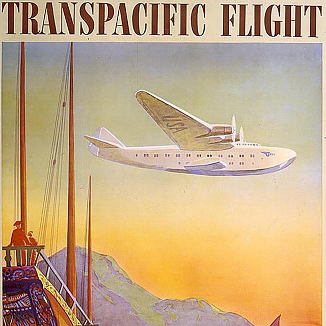 A Pan Am Clipper plane flying over Asia. Poster.