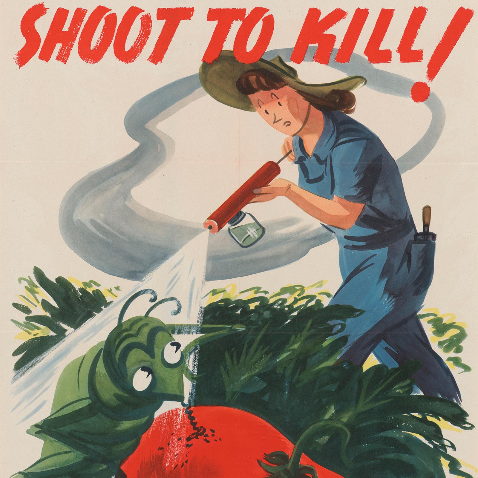 Poster of a woman shooting bug spray at a pest. 