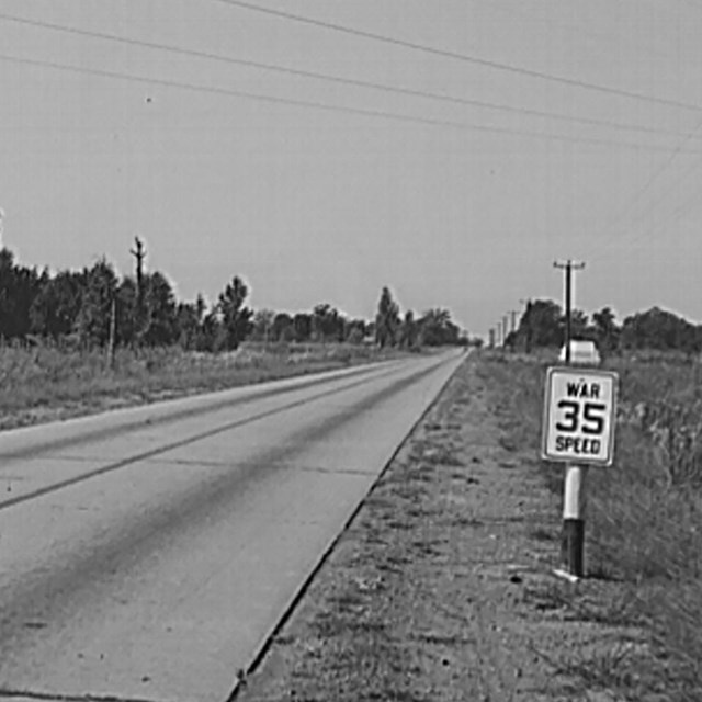 A wartime speed limit sign of 35 miles per hour