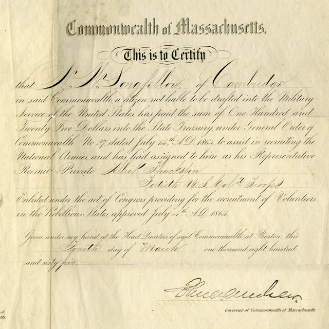 Printed certificate with state seal of Massachusetts at left and text at right.