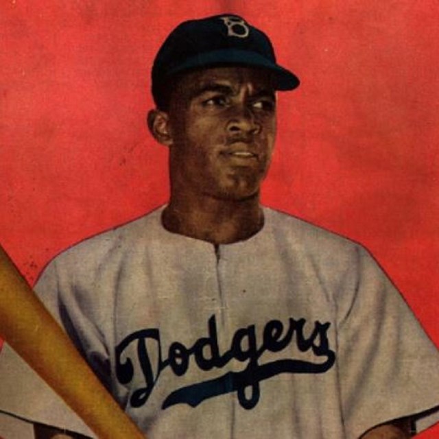 Painting of Jackie Robinson holding bat. 