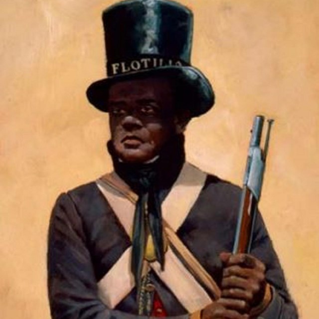 Painting of a man holding a musket. 