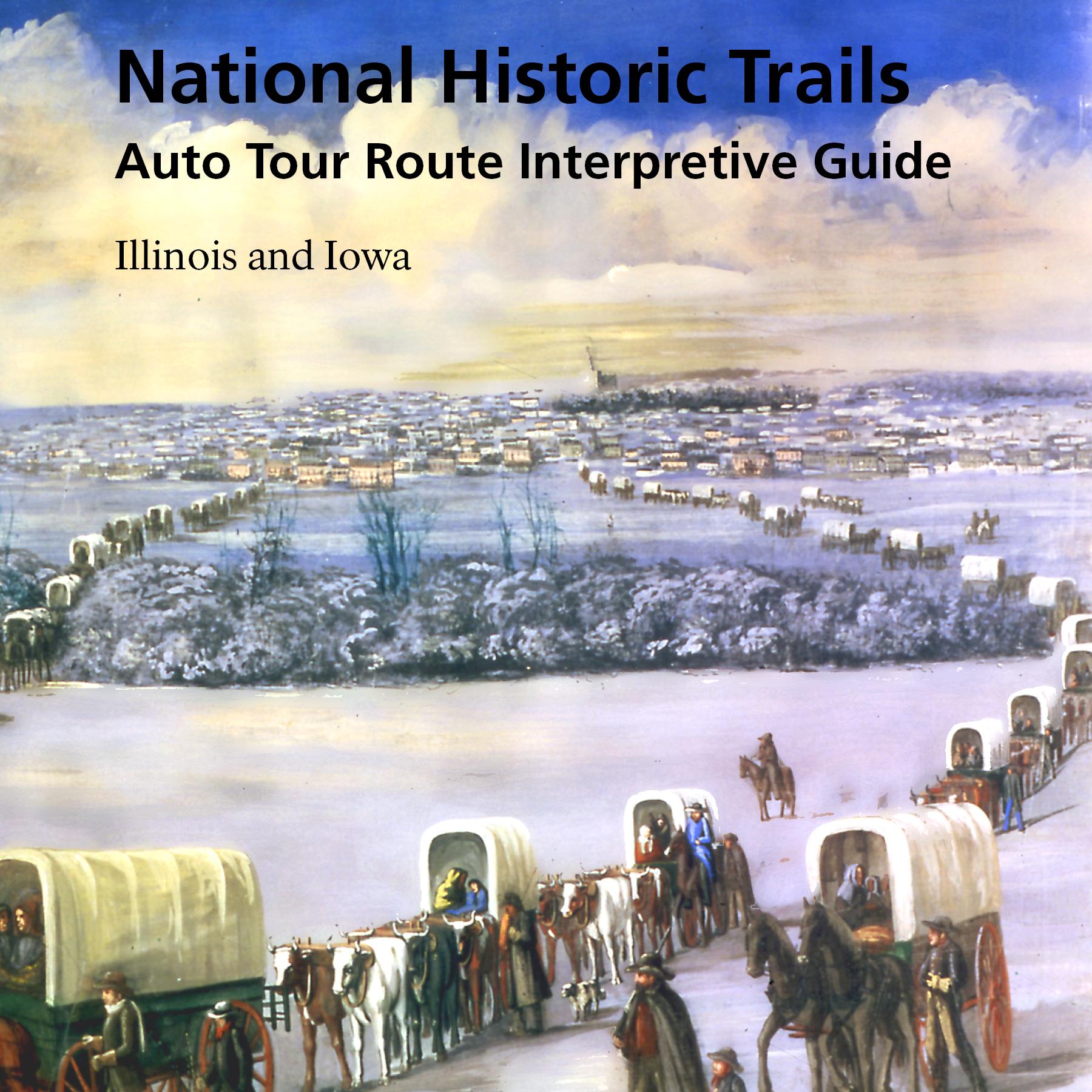 The cover of a travel guide that has an illustration of a covered wagon train crossing a snowy area.