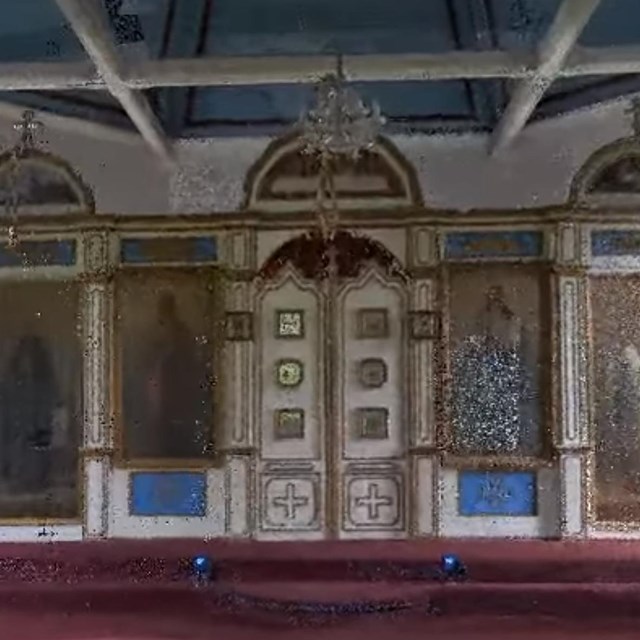 Photographic rendering of interior of church with icons, blue ceiling and chandelier