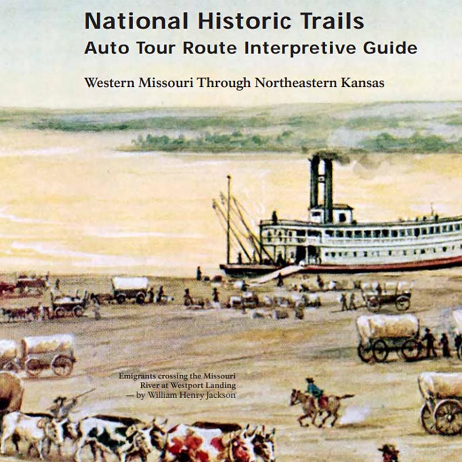 The cover of a travel guide that has an illustration of a covered wagon train in the plains.
