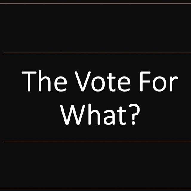 Words reading The Vote for What on a black background