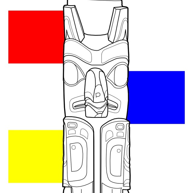 Detail of Frog/Raven Pole with color blocks behind it