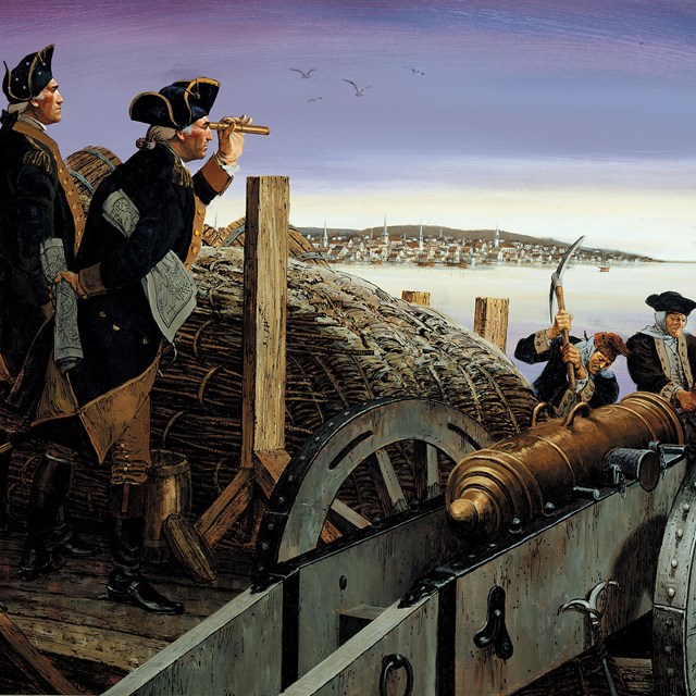 Illustration of Continental soldiers and officers in a fortification overlooking a harbor.
