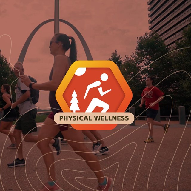 orange toned hexagon graphic with a stylized running figure on top of a photo of people running in f