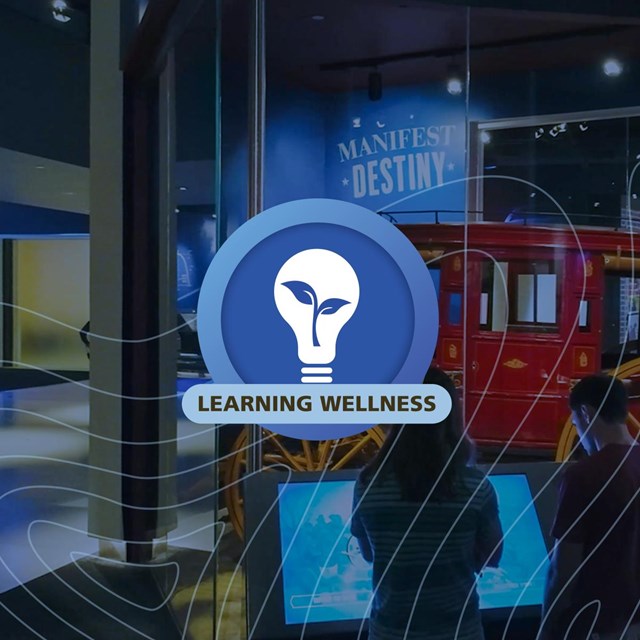 a circular blue graphic with a lightbulb, a plant in the center with the words Learning Wellness