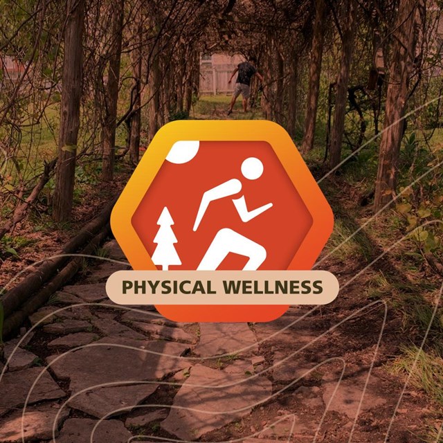 an orange hexagon graphic of a person running on top of an orange tinted photo of a covered path
