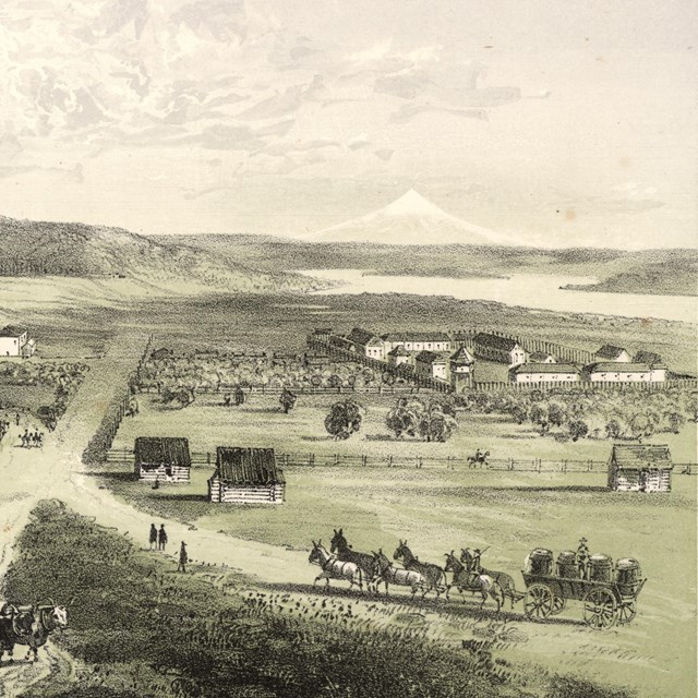 Historic print of Fort Vancouver.