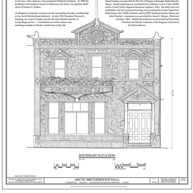 Measured drawing of facade of wooden building decorated with deer antlers