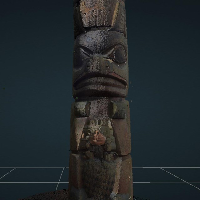 3d render of wooden totem pole with human and animal carvings
