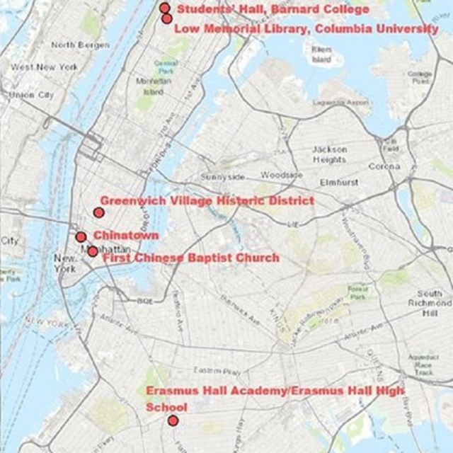 Map of New York City with places marked in red