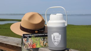 The iconic ranger hat, park map and a water bottle overlooking Toms Cove