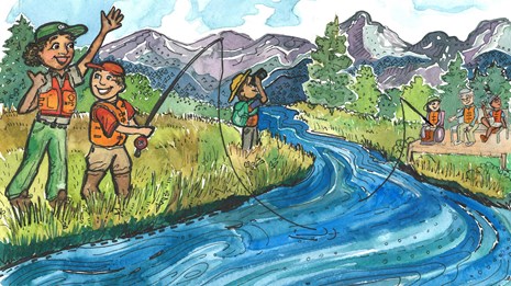graphic of park ranger and Junior Rangers fishing and using binoculars by a river