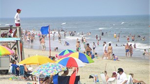 lifeguarded beach and ocean surf in the summer