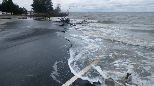photo of road damage to Bayside picnic area parking lot from Hurricane Sandy. 