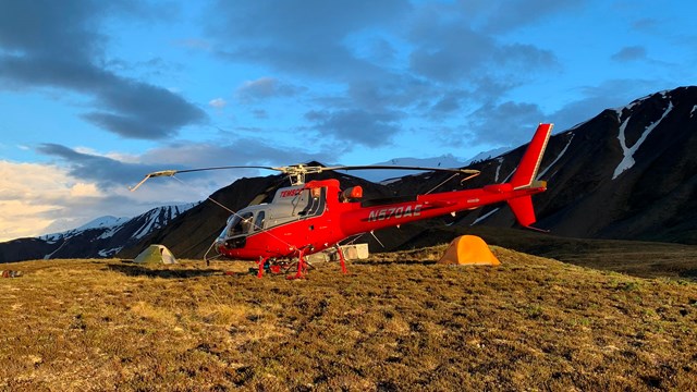 A helicopter landed in an open field.