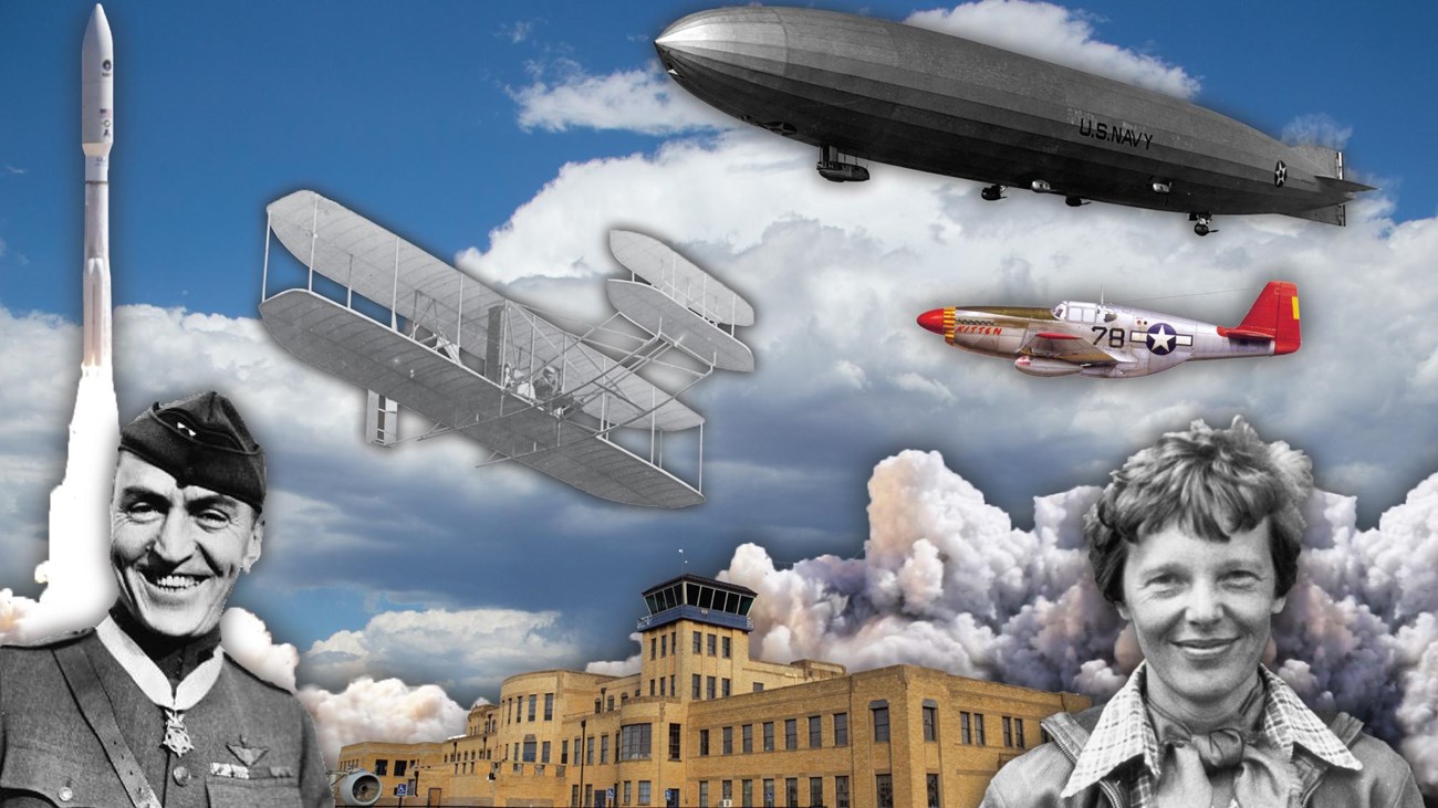 A blue sky background with two people on each side, a large building in center and planes in sky