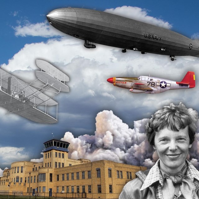 A blue sky background with two people on each side, a large building in center and planes in sky