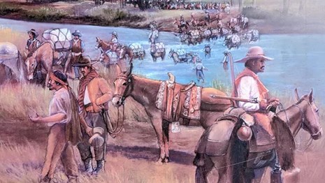 A drawing portraying men on the Old Spanish Trail.