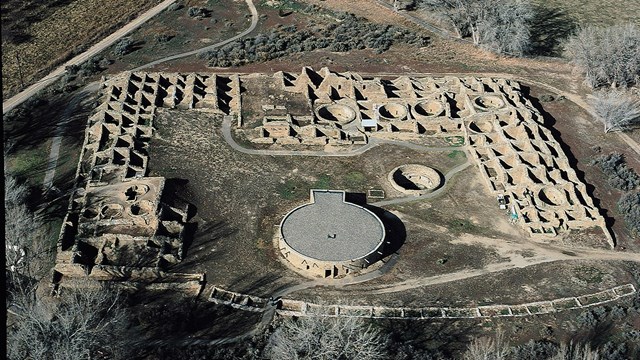 An aerial view of the Aztec West great house showing hundreds of open rooms and large circular kivas