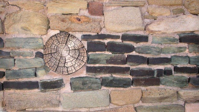 A close up photo of sandstone blocks with a strip of green sandstone blocks in the middle.