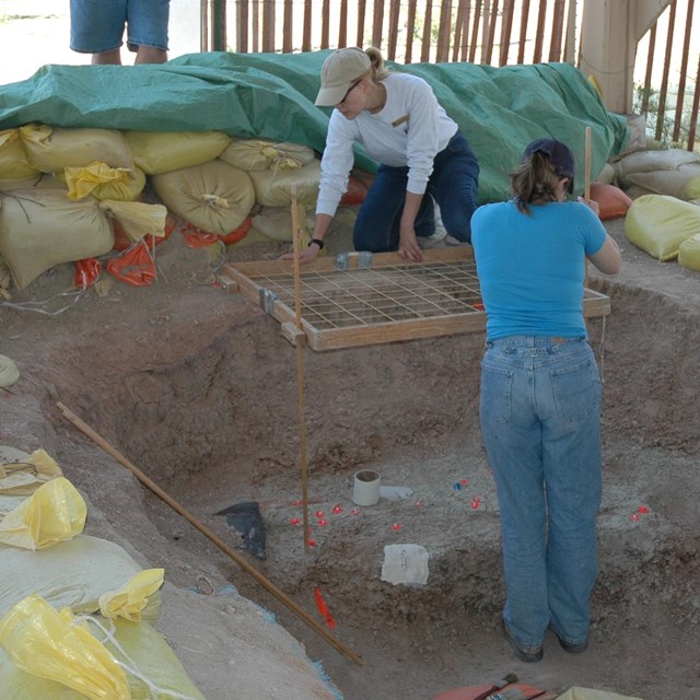 paleontologists stand, lean over, and crawl in a large pit where they excavate fossils