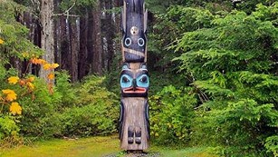 A totem pole in Sitka National Park