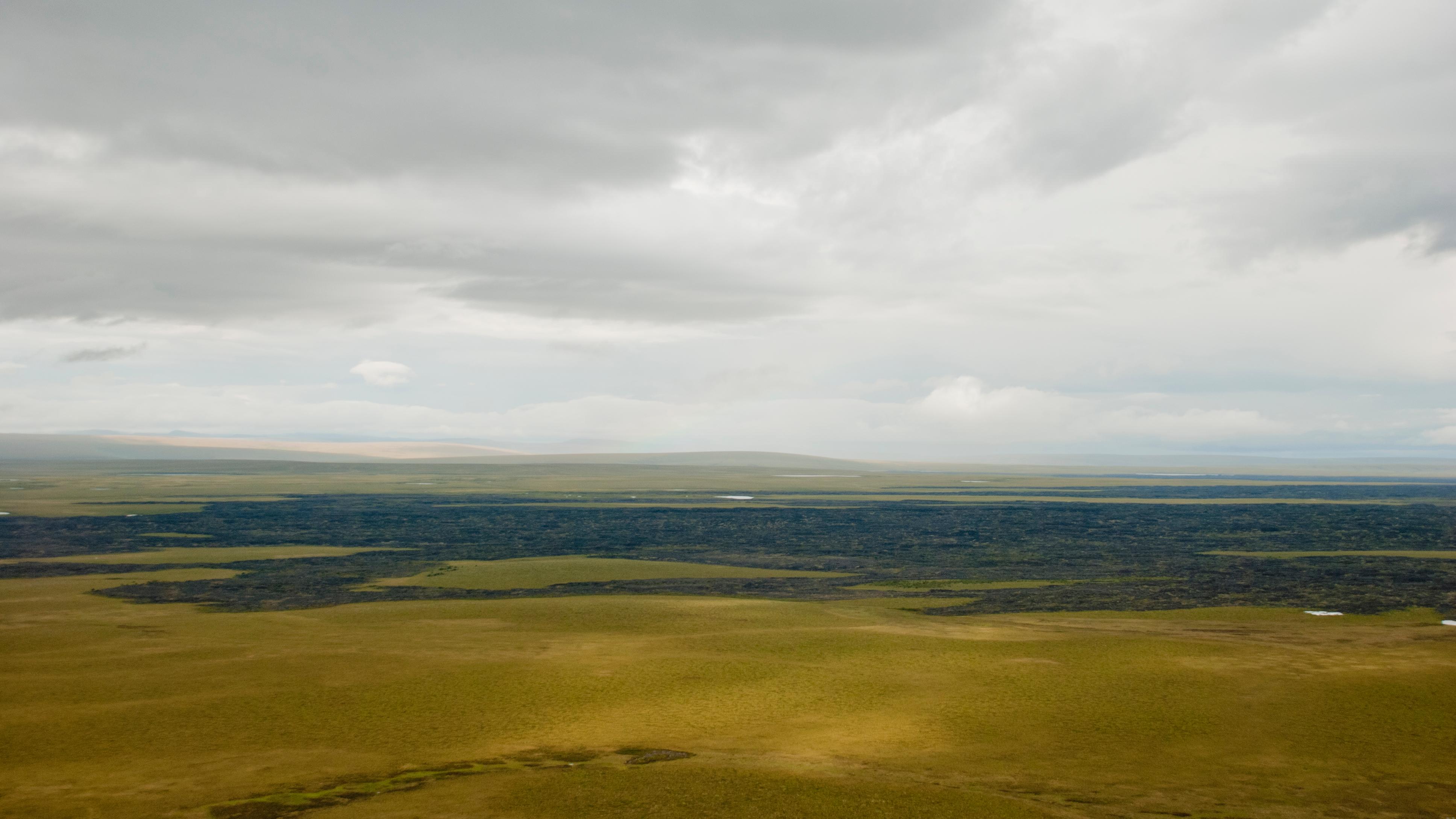 Imuruk volcanic field spilling over a flat green field. 