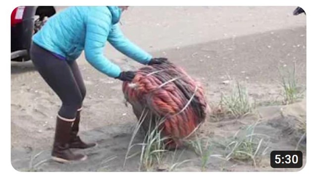 A YouTube thumbnail showing a woman flipping a large bundle of rope on a beach.