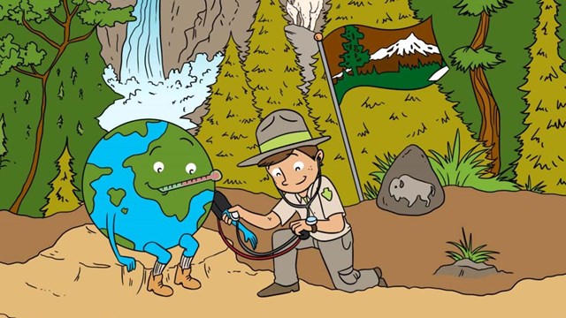 A cartoon of a ranger taking the pulse of the Earth.